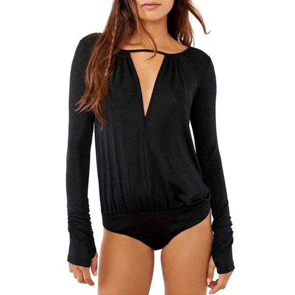 Free People Tops - Free People New Kaya V Neck Keyhole Bodysuit Black Size XL